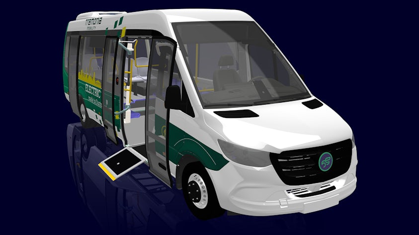 A white Tremonia transportation van background ,designed in Solid Edge, with green stickers on the side, placed on top of a navy blue solid 