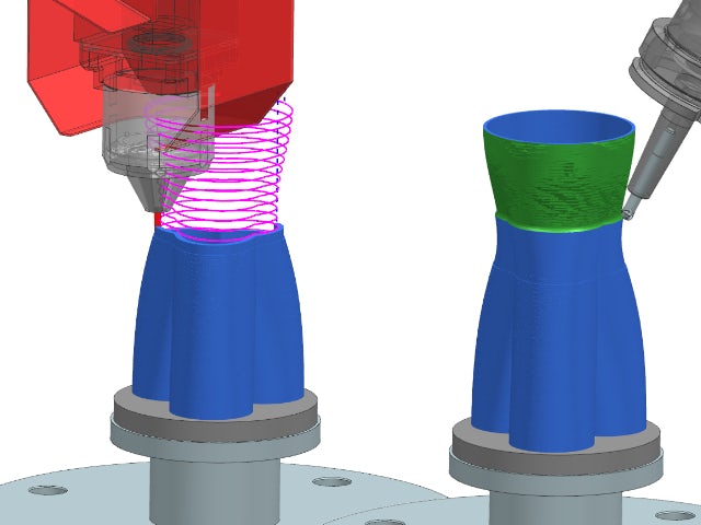 A simulation of both additive and subtractive manufacturing on the same part.