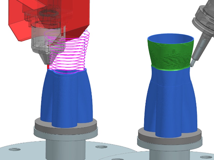 A simulation of both additive and subtractive manufacturing on the same part.