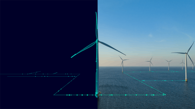 Graphic of wind turbines and the transmission lines that connect them.