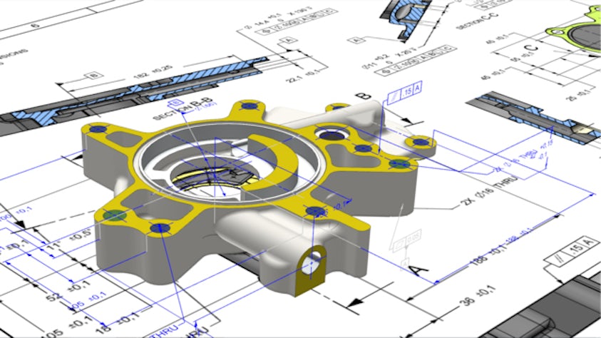 A composite image of a component with 3D Dimensions (PMI) layered over & 2D Drawing for comparison.