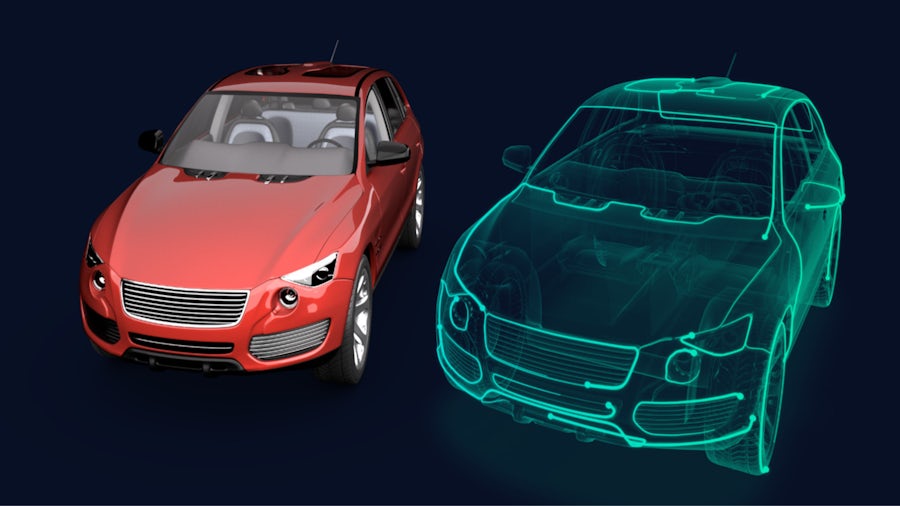 A 3D image featuring two cars, highlighting their shapes and colors in a realistic environment.