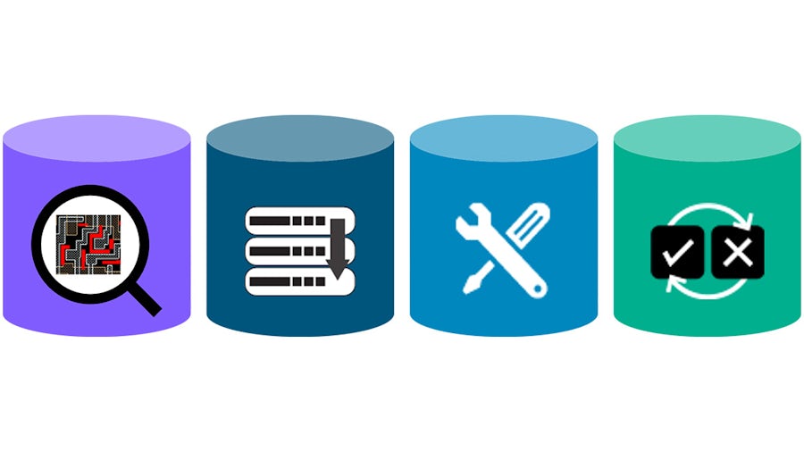 Four differently colored pillars in a row, each with an icon representing its core functionality: verification optimization, execution optimization, debug optimization, and correction optimization.