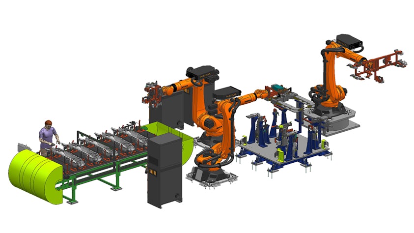 Image of a robotic assembly line with conveyor, worker, robots and fixture in NX assembly line planner software.