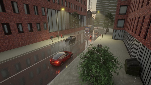 A simulation of cars on a city street while raining.