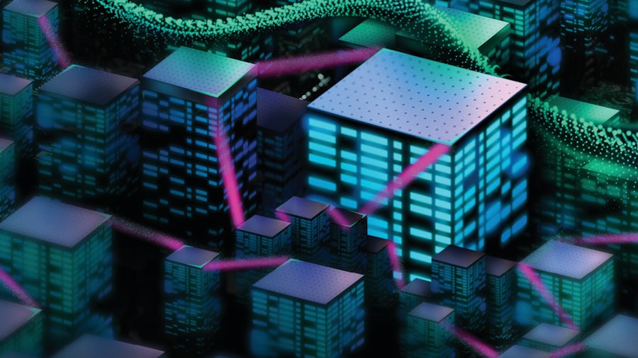 Abstract city-like visual depiction of chiplets connected in a 3D IC integrated package