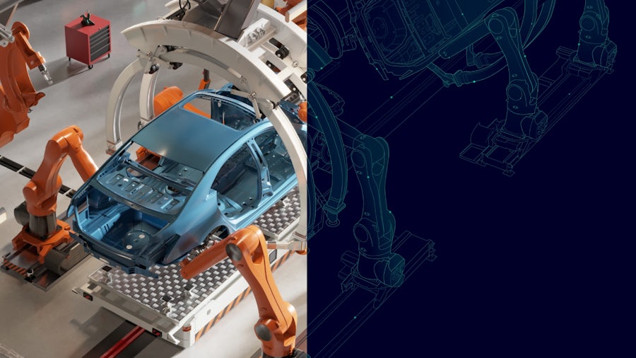 A split image of a vehicle in smart manufacturing next to machines digital twin. 