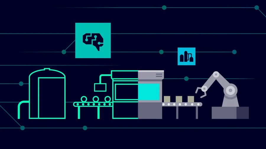 n industrial process with a tank, conveyor belt, processing unit, and robotic arm, all connected within a network, with an AI brain icon overhead, representing smart manufacturing