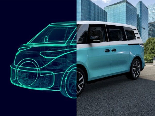 An image of a VW van with the left half overlayed with its digital twin.