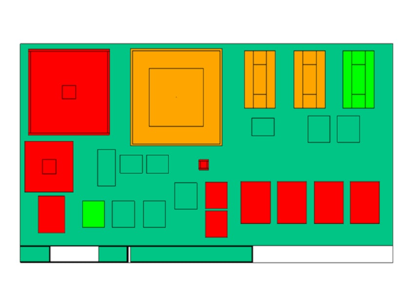 An image of a PCB plot in Simcenter Flotherm 2410 software rlelease showing PCB thermal analysis results visualization indicating passing and failing components on a board.