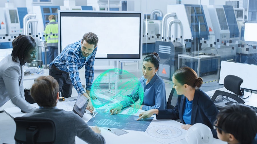 A group of people discussing a plan on the table with cognisphere in their center.