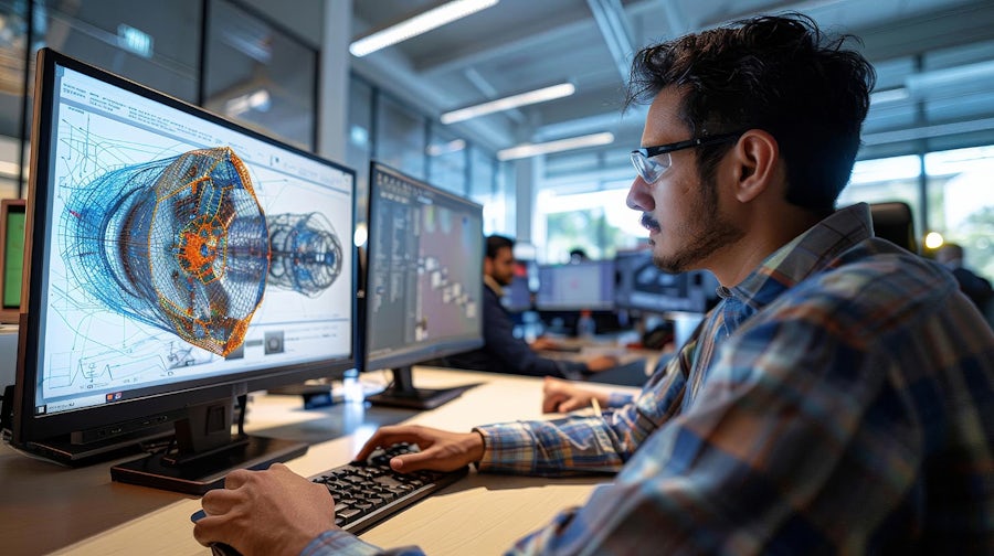 Engineer working on 3D design software in a modern office environment, focusing on an intricate machine component model displayed on screen.