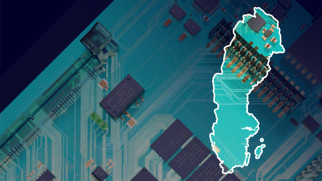 A PCB board with an outline of Sweden on the side.