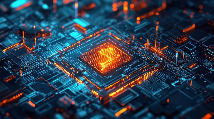 Advanced microchip design with luminous pathways representing complex data flows