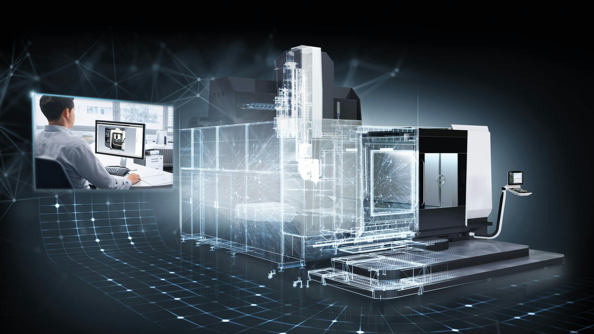 Engineer working at computer station with holographic industrial machinery projections, surrounded by digital grid network and 3D technical blueprints in dark, futuristic environment.