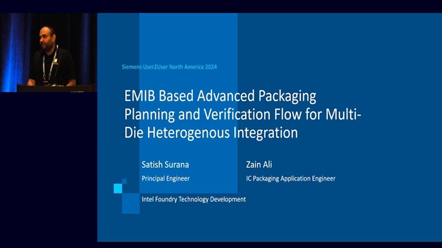 Title side of presentation given by Zain Ali of Intel Foundry at User2User 2024 titled "EMIB Based Advanced Packaging Planning and Verification Flow for Multi-Die Heterogenous Integration" with presenter standing at podium on the left. 