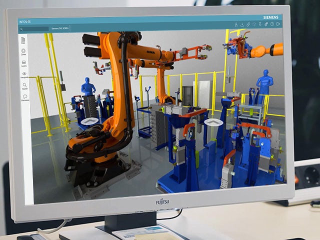 Panoramic image of 3D model in Intosite factory navigation software on a computer screen.
