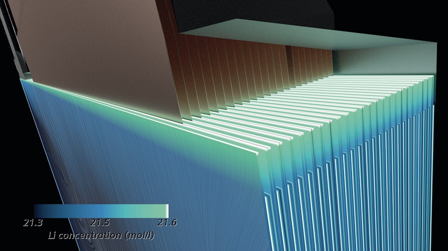 A screenshot of Simcenter showing a simulation of an electric battery cell design.
