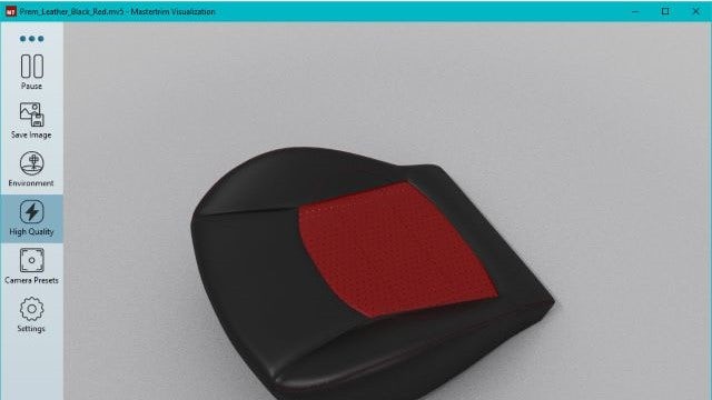 A Mastertrim window open in NX with a HD rendering of a car seat cushion.