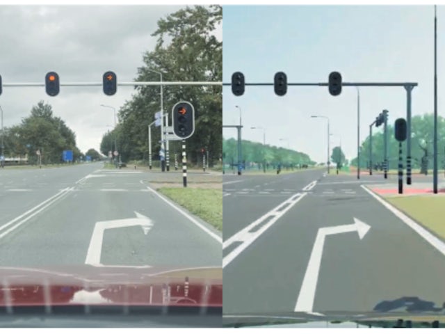 An image of a road junction collected during testing, in a side-by-side comparison with a Simcenter Prescan image simulated from the data collected.  