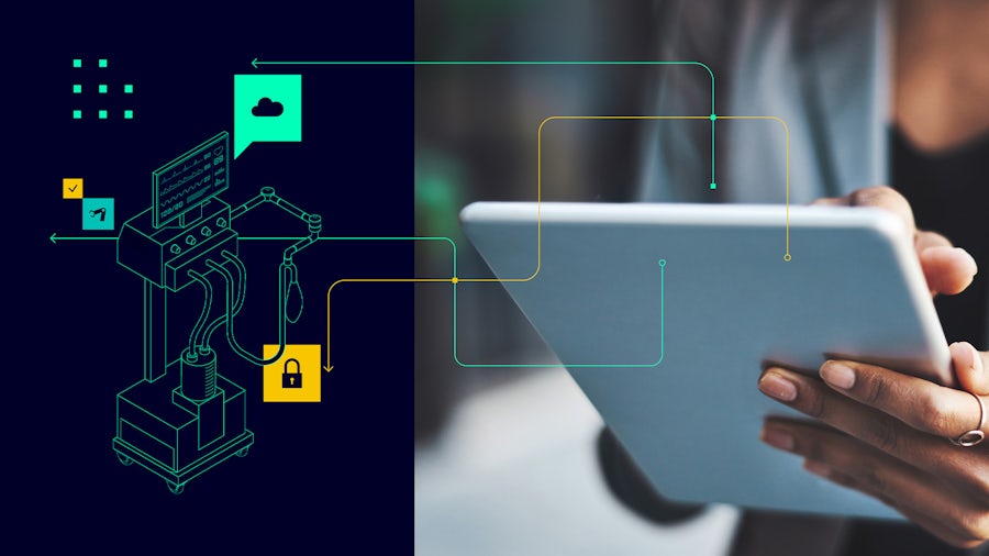 A female medical professional wearing a white lab coat is holding and looking at a tablet.