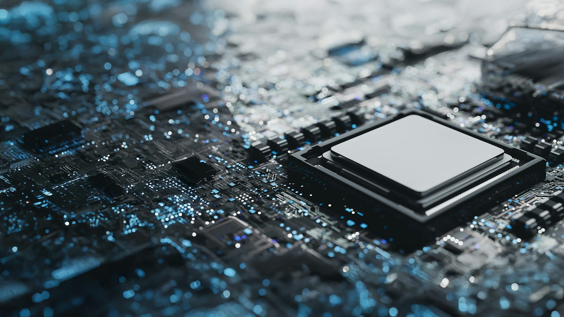 Close-up view of a microchip mounted on a circuit board.