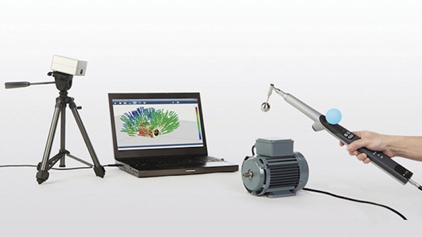 Un ordenador portátil con una pantalla de software acústico, una cámara sobre un trípode, un motor y Soundbrush.