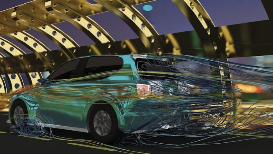 A computer-generated image of a car with multicolored air flow lines showing the car's aerodynamics.