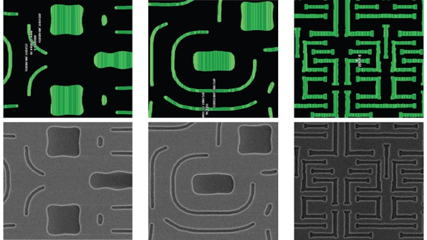 Examples of curvilinear mask layouts and corresponding mask SEM images written with MBMW