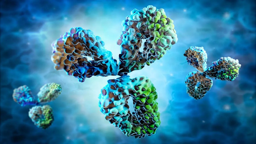 3D illustration of antibody or protein molecules in blue and green.