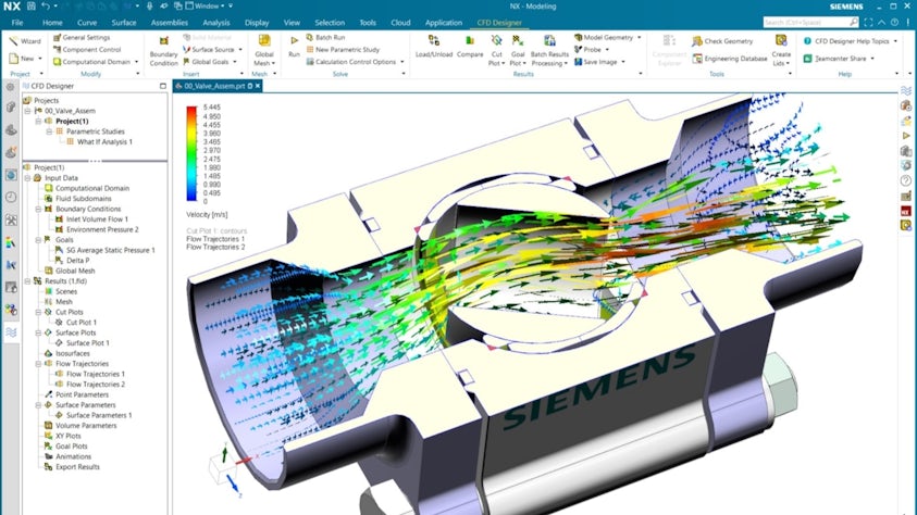 A screenshot of NX CAD software showing NX CFD Designer, a simulation of thermal and flow simulation in a valve assembly.