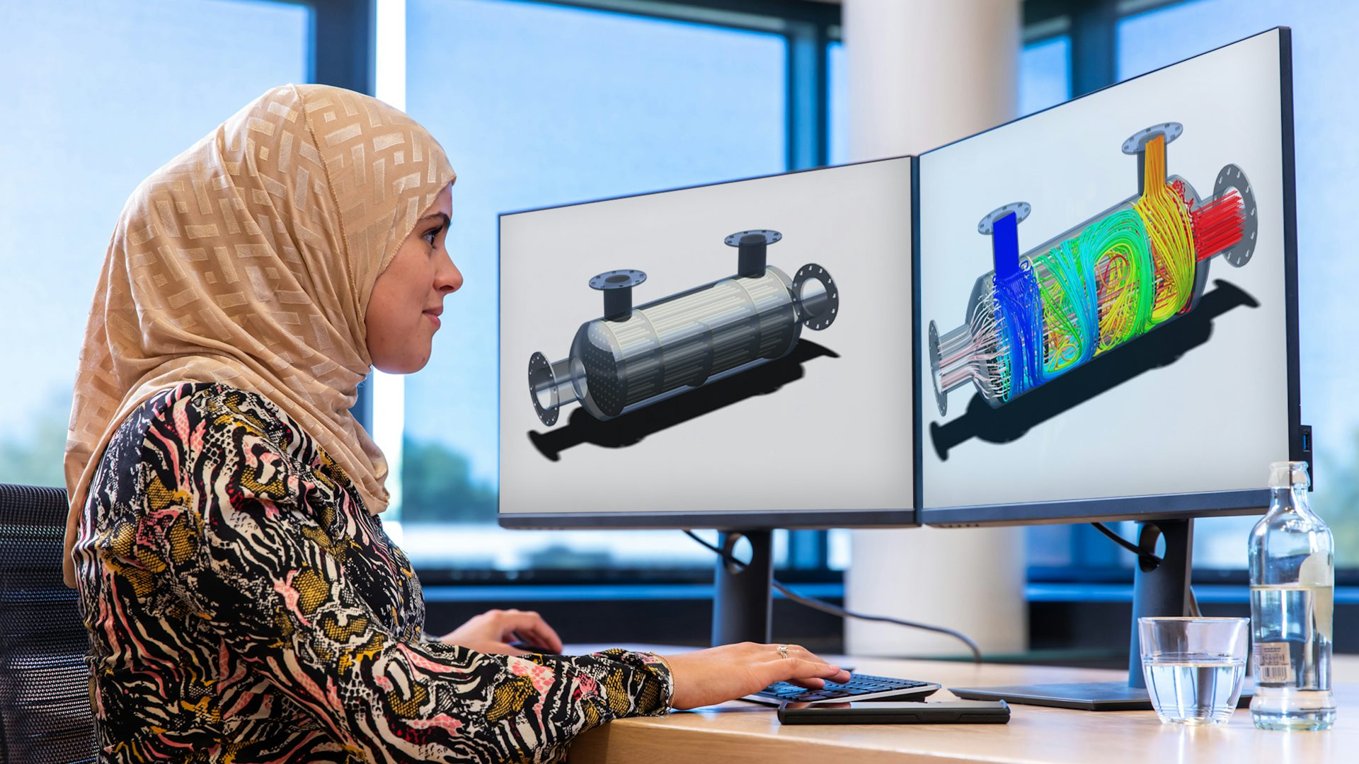 Kobieta oglądająca symulację CFD zintegrowaną ze środowiskiem CAD w oprogramowaniu Simcenter, wyświetlaną na kilku ekranach.