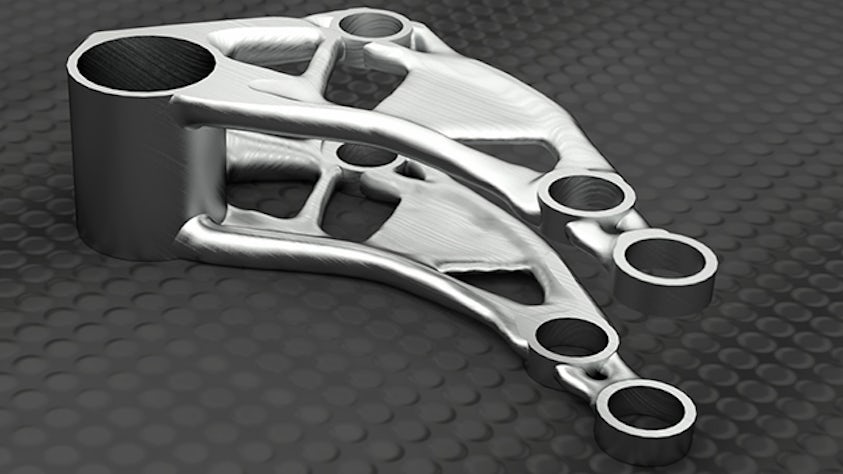 A topology optimized metal part rendering from NX CAD software. The designer of this part leveraged AI-enabled design features to create it.