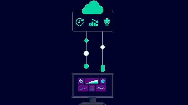 Illustration depicting a cloud with a clock icon, bar graph icon, and and award icon underneath it. The icons are above a computer monitor.
