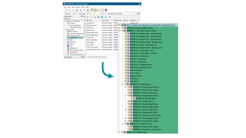 Mastertrim’s connection to Teamcenter allows your company to bring the trim engineering process into the PLM workflow and take advantage of all of its benefits. This includes BOM management, revision control, release management and notification systems. This image is showing how the BOM is first authored in Mastertrim and then published to Teamcenter where the BOM can be viewed and managed. Multiple variants can be published at one time.. In addition, critical components such as hardware, kits, threads and materials are included in the BOM view for completeness.