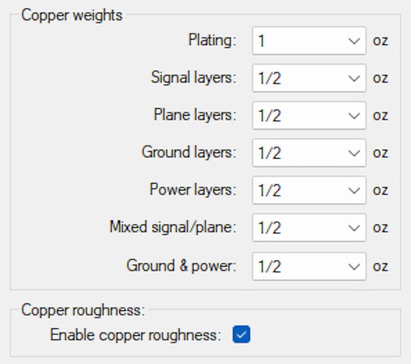 copper weight selection within the Z-planner Enterprise stackup wizard tool 