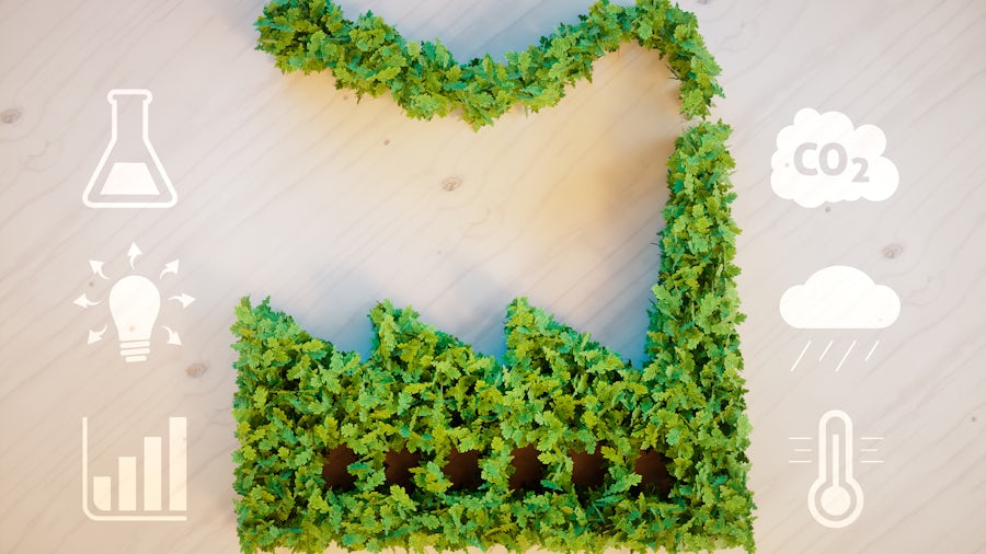 An image of a factory made out of green leaves with sustainability graphics on both sides.