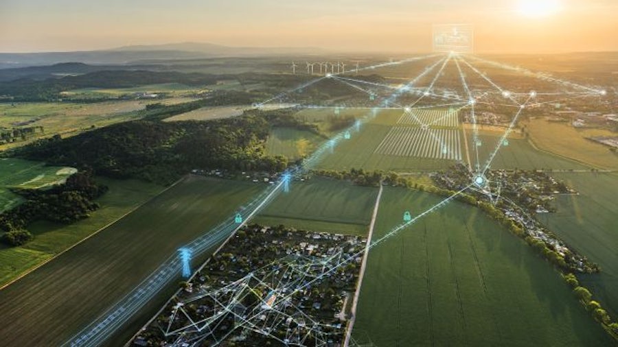 Digitales 5G-Netz vor dem Hintergrund einer Landschaft