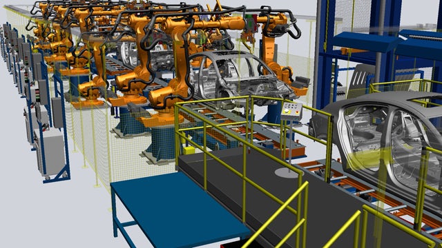 Mockup digitale di una linea di produzione in una fabbrica.