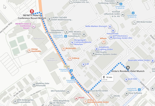 map showing the walking directions from the victor's hotel to the infinity conference center.