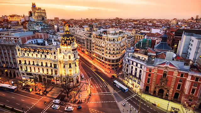 Aerial view of Gran Via in Madrid, Spain at dusk from Circulo de Bellas artes.