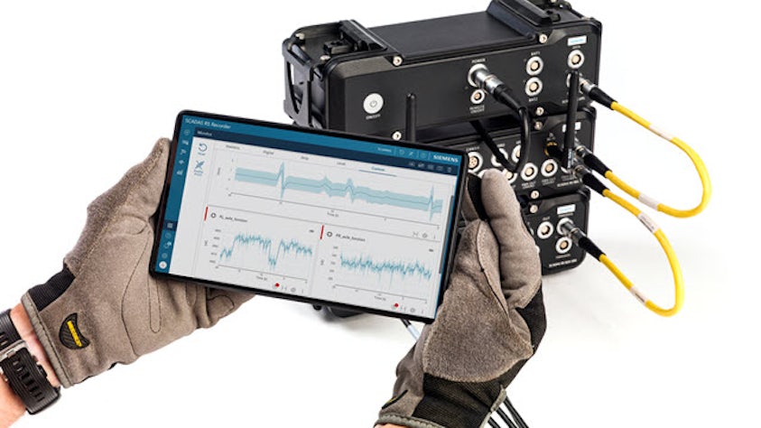 Simcenter SCADAS RS Recorder unit connected to a handheld device through an app.