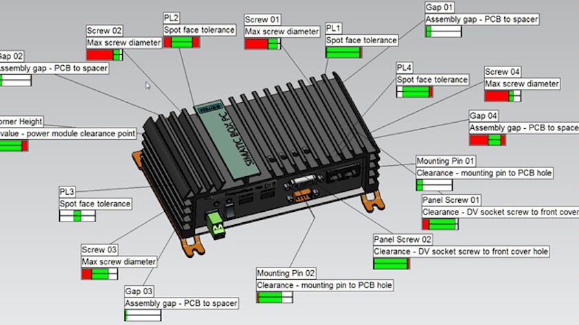 Obrázek analýzy rozměrové kvality elektronického zařízení pomocí softwaru Tecnomatix Variation Analysis.
