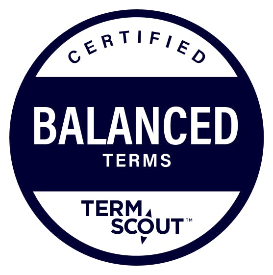 A dark blue circle badge representing the TermScout Certified Balanced Terms certification.