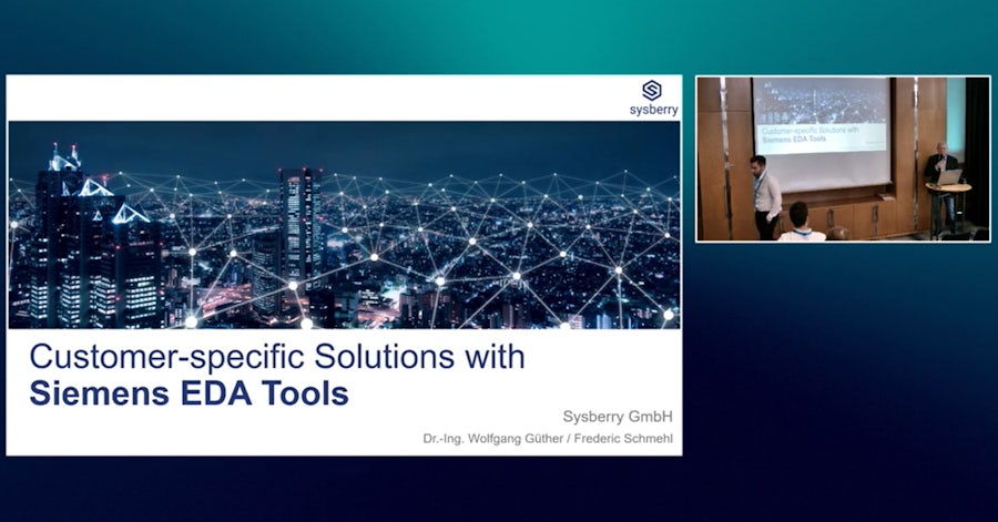 Title slide showing "Customer-specific Solutions with Siemens EDA Tools" by Sysberry GmbH, featuring nighttime cityscape with digital network overlay. Small inset shows presentation in progress. Sysberry logo in top right corner.