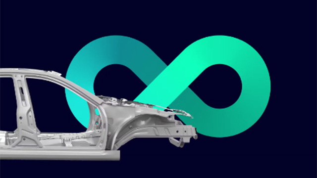 A car frame in front of a graphic of the infinity symbol