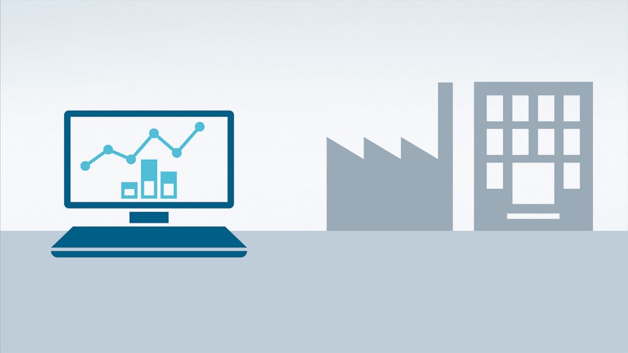 A graphic image of a computer with a manufacturing execution solution next to a graphic of an intelligent factory and an office building.