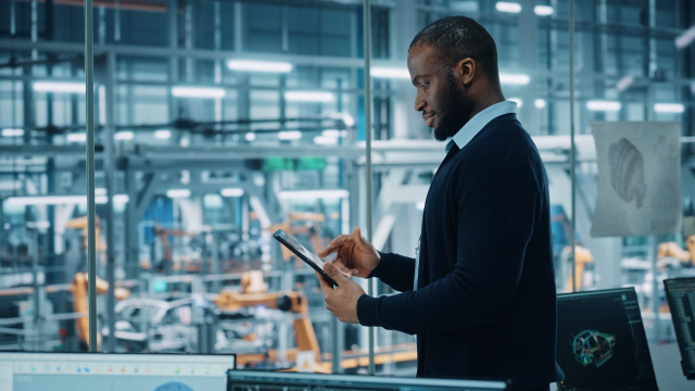 A man reviews information on a tablet, with a factory floor in the background