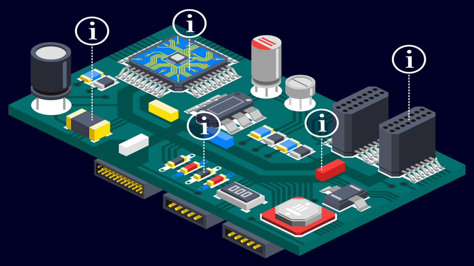 Image of a PCB board with information icons hovering over parts of the board representing data visualization