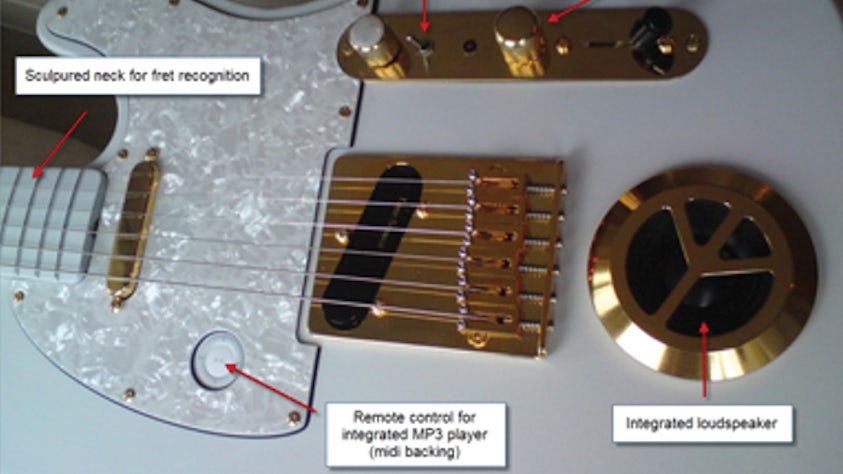 A guitar with an integrated MP3 player, preamplifier, amplifier and loudspeaker for playback, designed and produced by IPM students using NX.